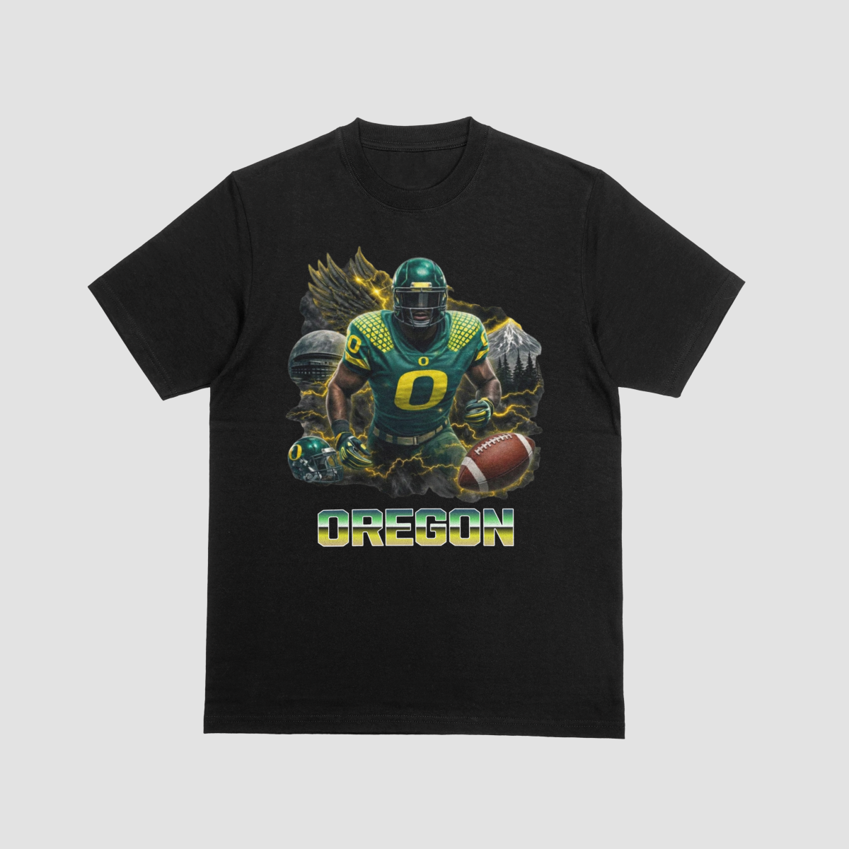 A black short-sleeve t-shirt with a graphic print of Oregon Ducks football player Josh Allen in a green and yellow uniform, holding a football, with the word 'OREGON' printed below in green and yellow.