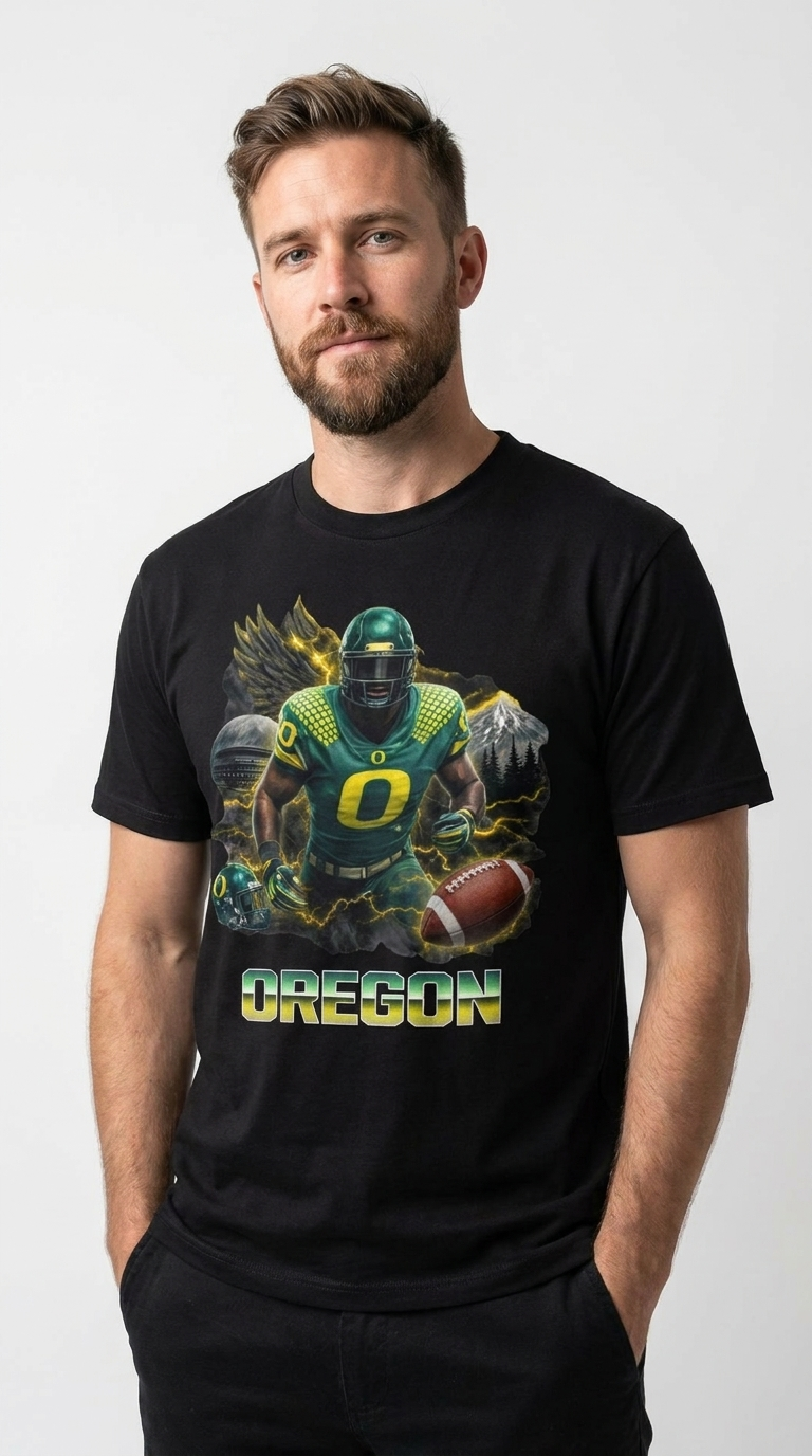A man wearing a black short-sleeve t-shirt with a graphic print of an Oregon Ducks football player and the word 'OREGON' in green and yellow, set against a plain light gray background.