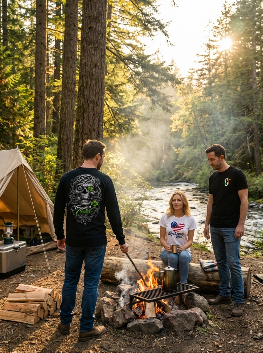 Three people around a campfire in a forest setting with a tent and river in the background.