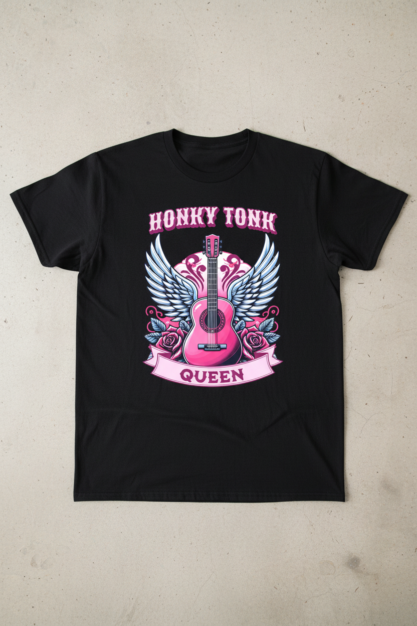Honky Tonk Queen on Black Shirt Flat Lay