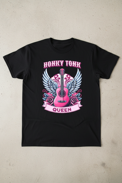 Honky Tonk Queen on Black Shirt Flat Lay