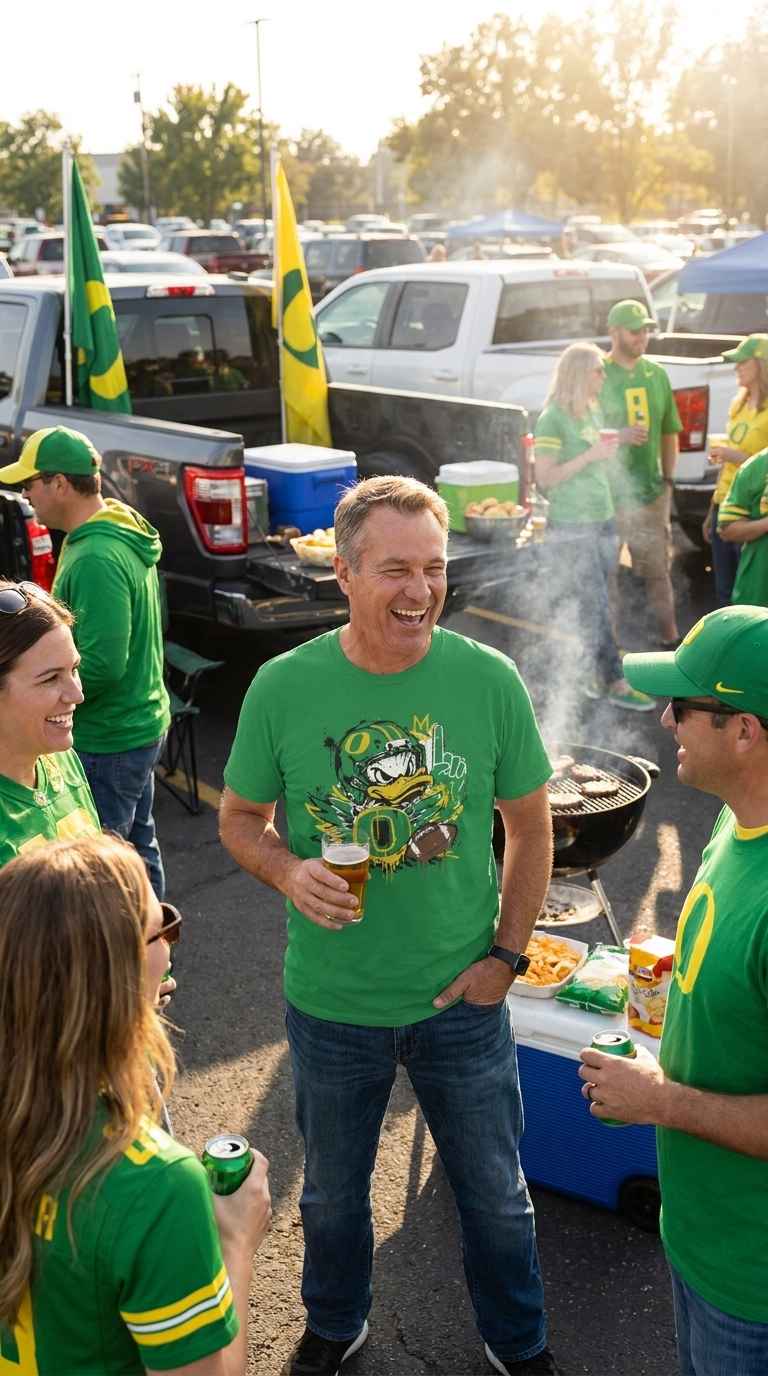 A man in a green Oregon Ducks t-shirt stands in a parking lot at sunset, surrounded by people wearing matching green apparel, with trucks and smoke in the background.