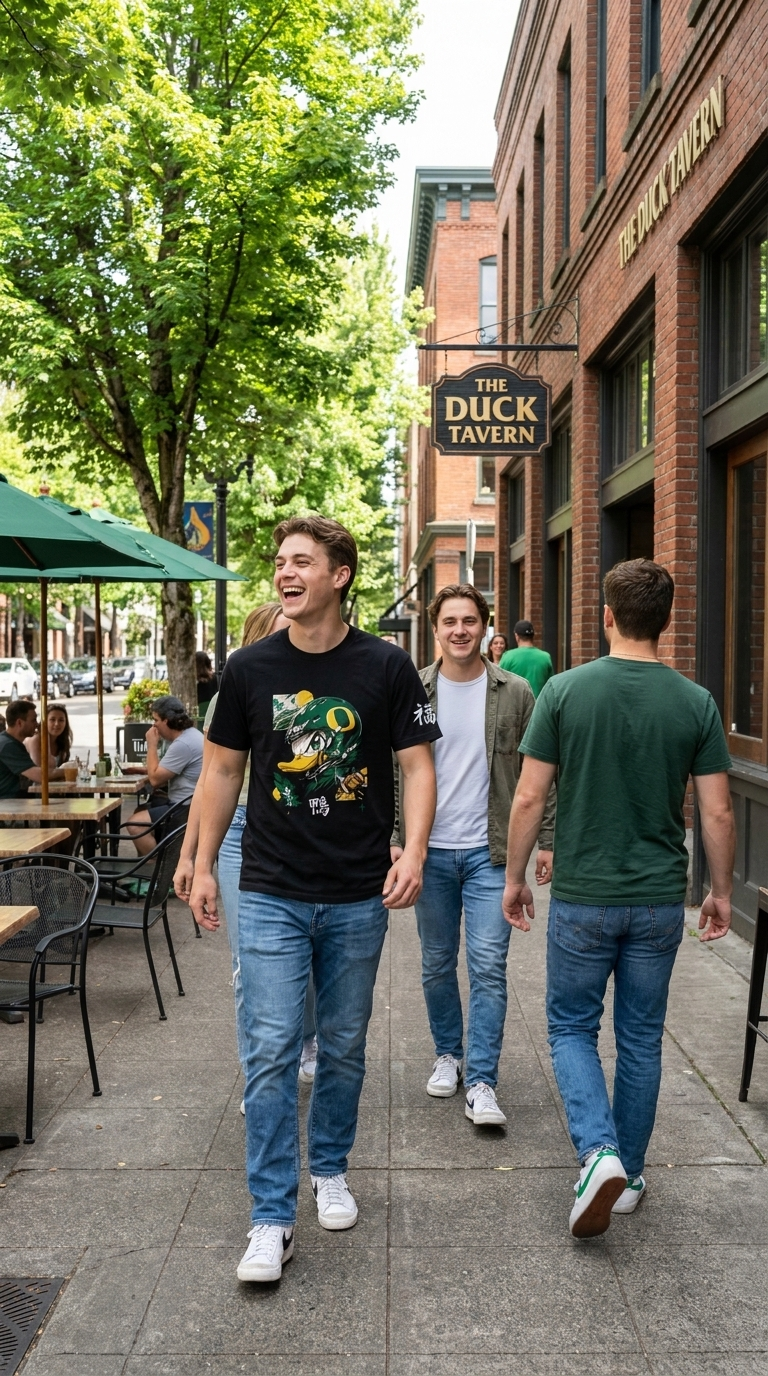 Three young men walking down a city sidewalk past a brick pub called The Duck Tavern. The man in the foreground is wearing a black graphic t-shirt, blue jeans, and white sneakers.