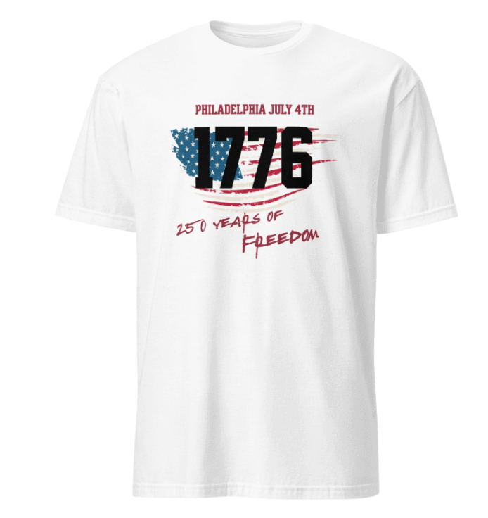 White t-shirt with 1776 Philadelphia July 4th design on a white background