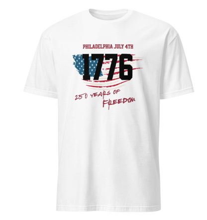 White t-shirt with 1776 Philadelphia July 4th design on a white background