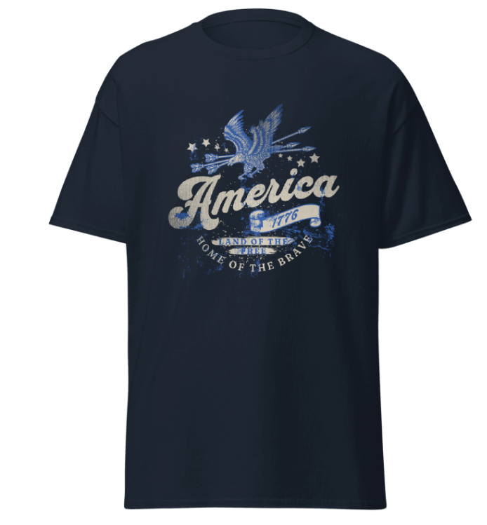Navy blue t-shirt with 'America 1776 Home of the Brave' graphic on a white background