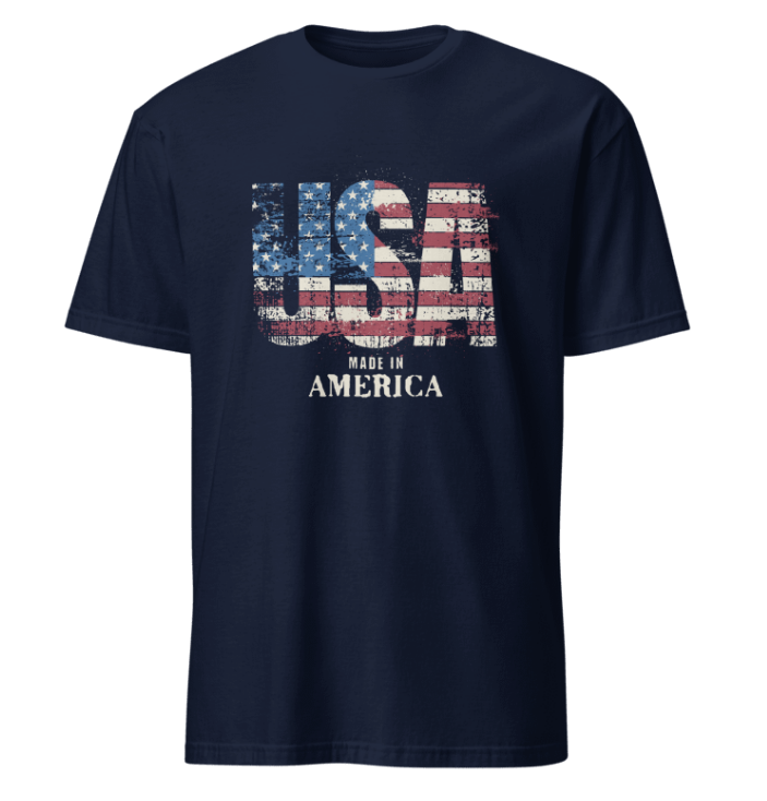 Navy blue t-shirt with 'USA Made in America' text and American flag design on a white background