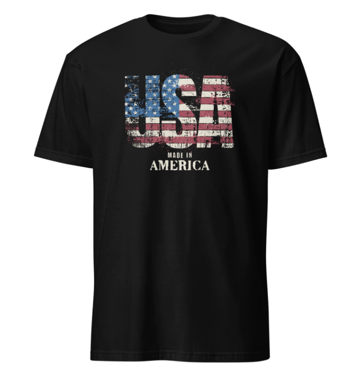 Black t-shirt with USA flag design and 'Made in America' text on a white background