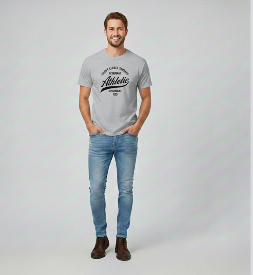 Man wearing a gray t-shirt with text and blue jeans on a white background