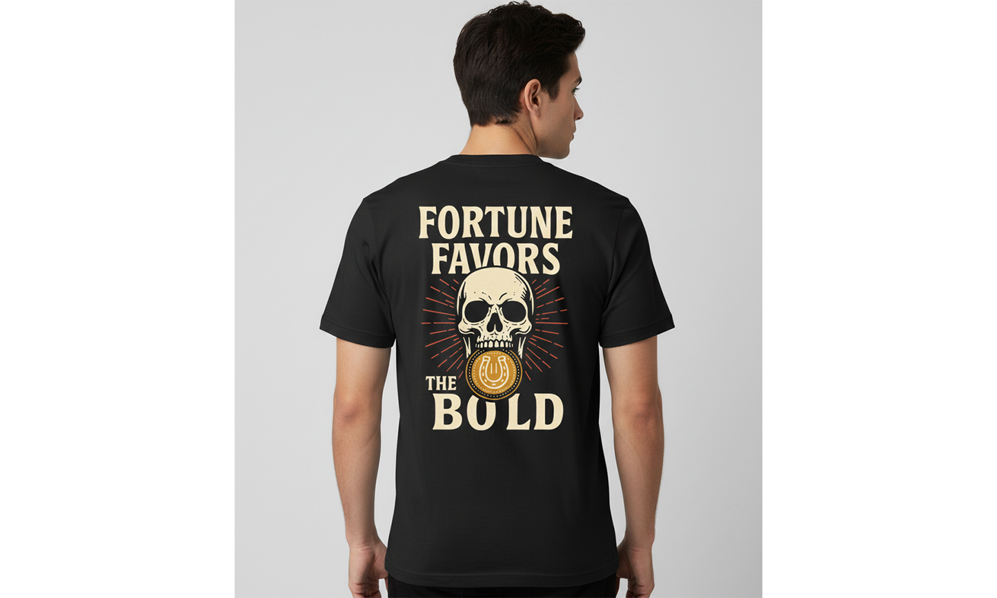 Person wearing a black t-shirt with a skull design and text on the back, on a plain background