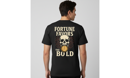 Person wearing a black t-shirt with a skull design and text on the back, on a plain background