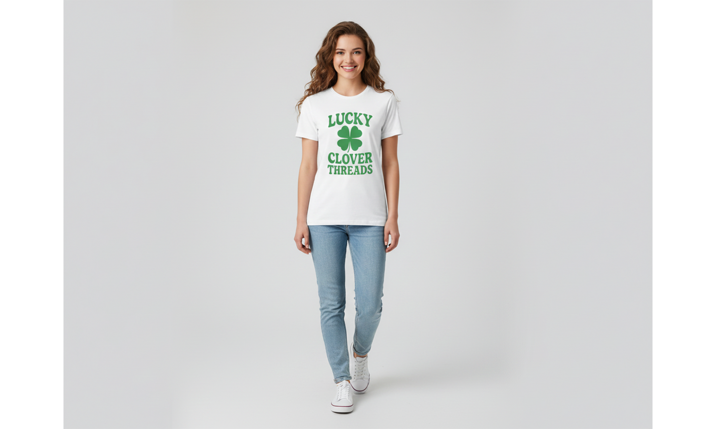 Woman wearing a white t-shirt with 'Lucky Clover Threads' design on a plain background