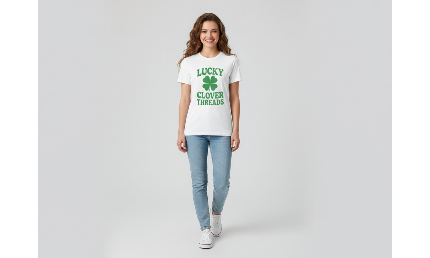 Woman wearing a white t-shirt with 'Lucky Clover Threads' design on a plain background