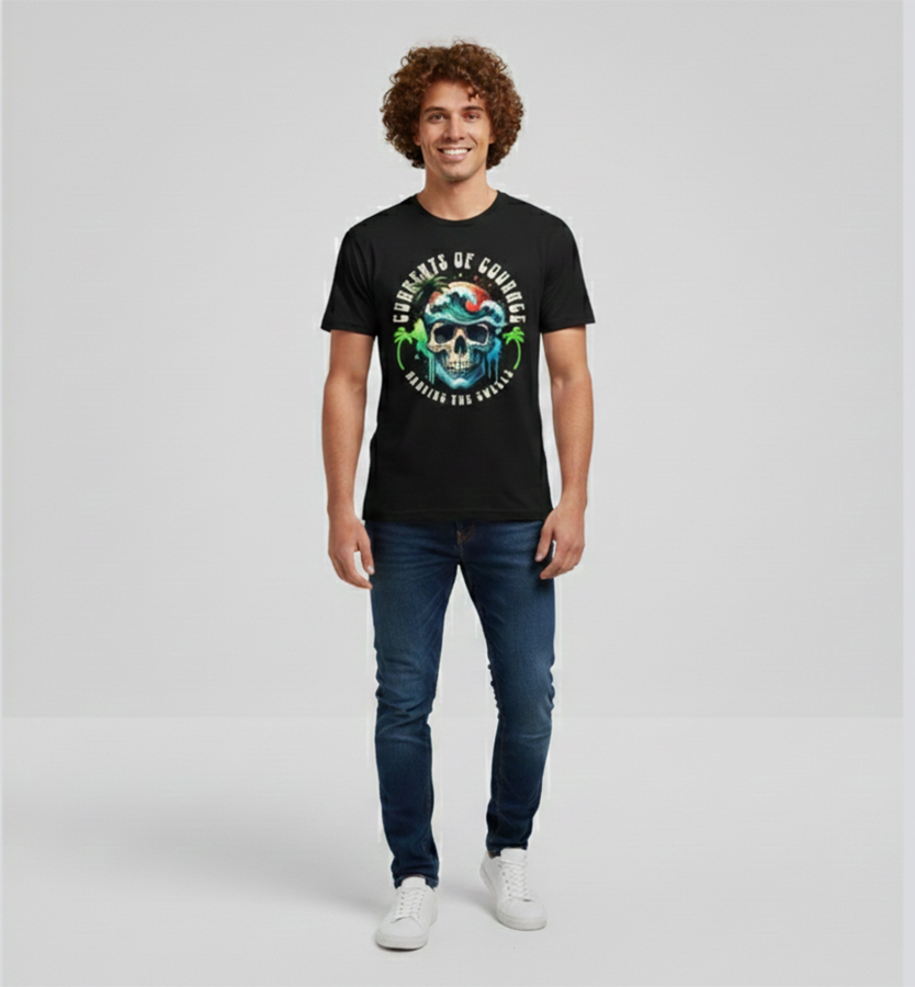 Man wearing a black t-shirt with a colorful graphic design on a plain background