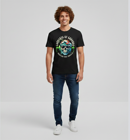 Man wearing a black t-shirt with a colorful graphic design on a plain background