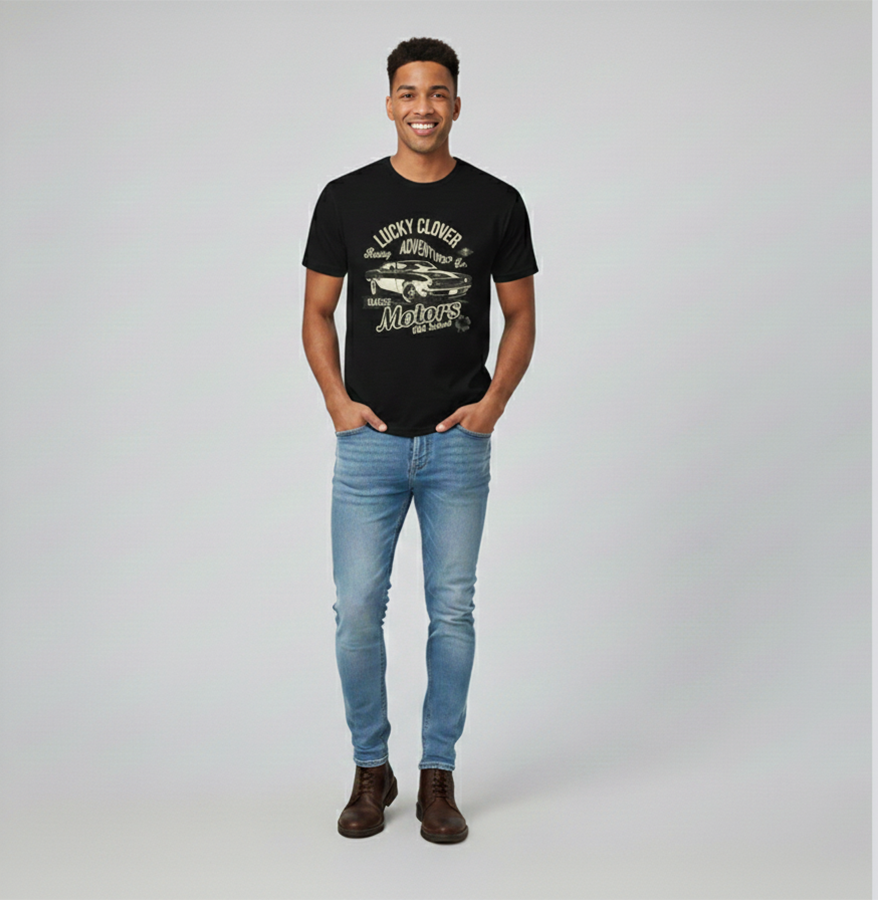 Man wearing a black t-shirt with graphics and text, paired with light blue jeans on a plain background