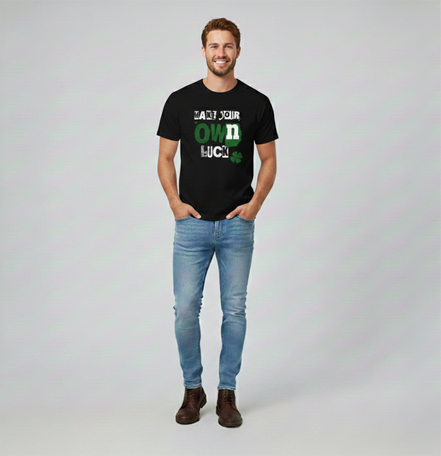 Man wearing a black t-shirt with text and graphics, standing against a plain background