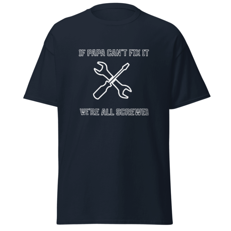 Black t-shirt with white text and tool graphics on a white background