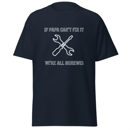 Black t-shirt with white text and tool graphics on a white background