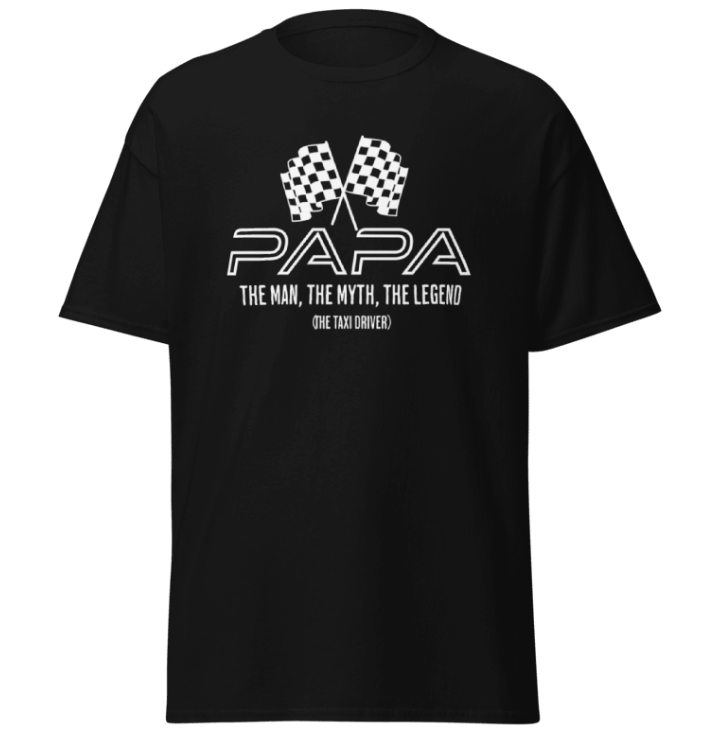 Black t-shirt with white graphic and text on a white background