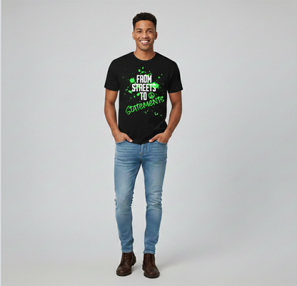 Man wearing a black t-shirt with green text and blue jeans on a light gray background