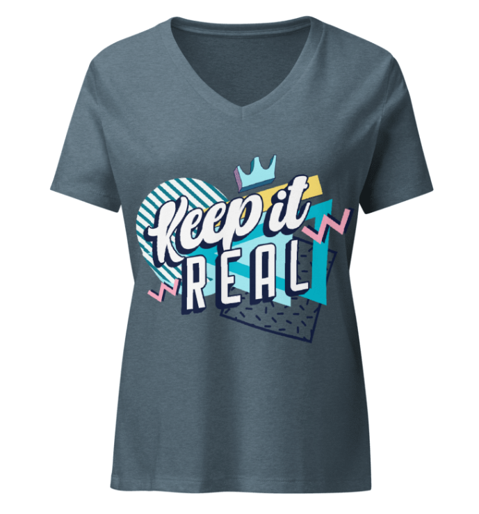 Gray t-shirt with 'Keep it Real' graphic design on a white background