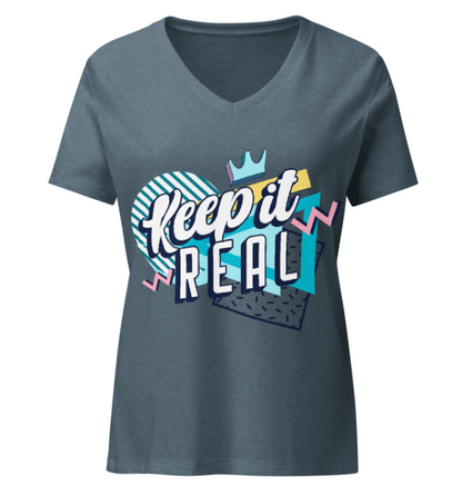 Gray t-shirt with 'Keep it Real' graphic design on a white background