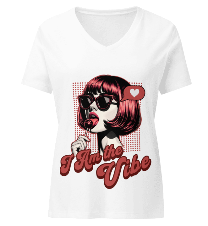 White t-shirt with a graphic design of a woman with red hair and sunglasses, and text 'I Am the Vibe'.