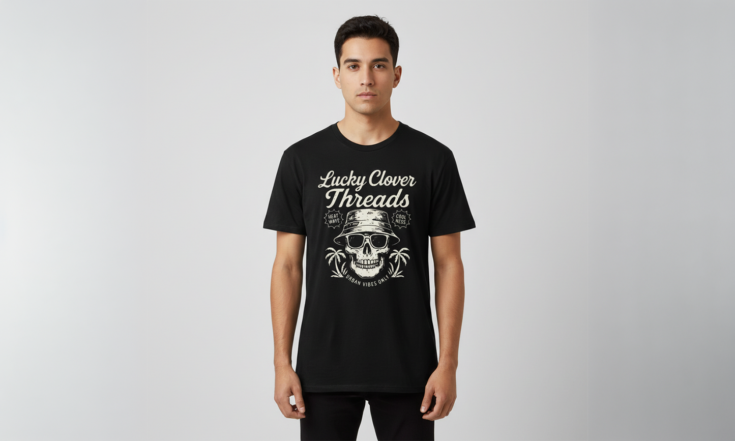 Person wearing a black t-shirt with a skull design and 'Lucky Clover Threads' text on a gray background