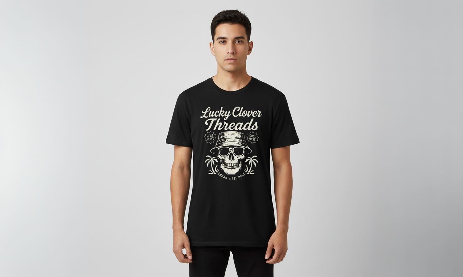 Person wearing a black t-shirt with a skull design and 'Lucky Clover Threads' text on a gray background