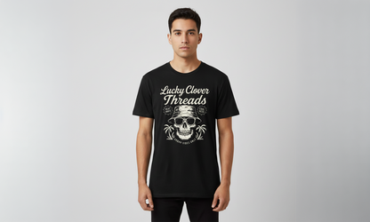 Person wearing a black t-shirt with a skull design and 'Lucky Clover Threads' text on a gray background