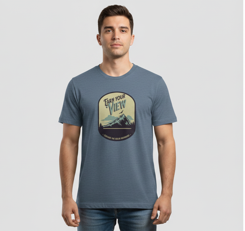 Man wearing a blue t-shirt with a graphic design on a gray background