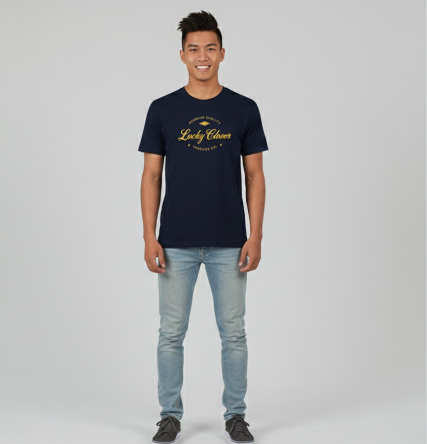 Person wearing a navy blue t-shirt with 'Lucky Clover' logo on a gray background