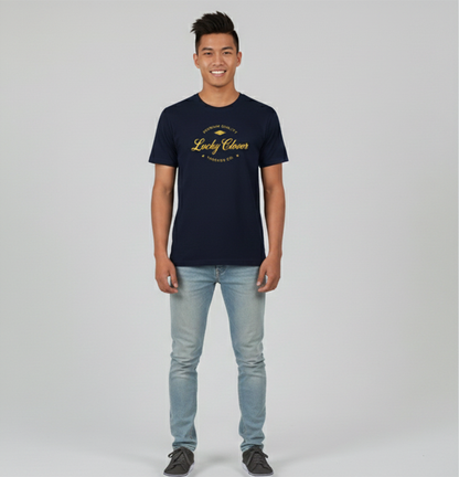 Person wearing a navy blue t-shirt with 'Lucky Clover' logo on a gray background