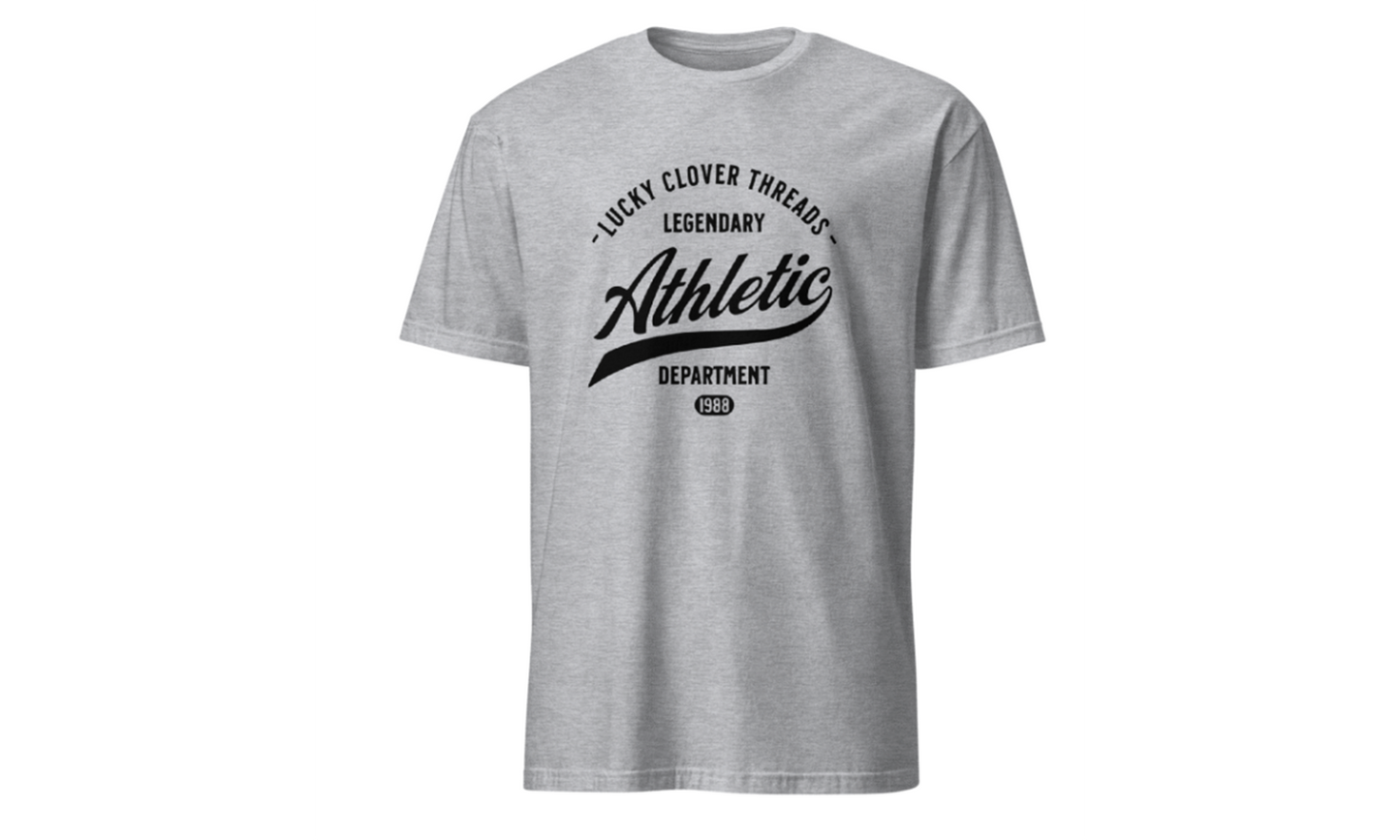 Gray t-shirt with black text on a white background