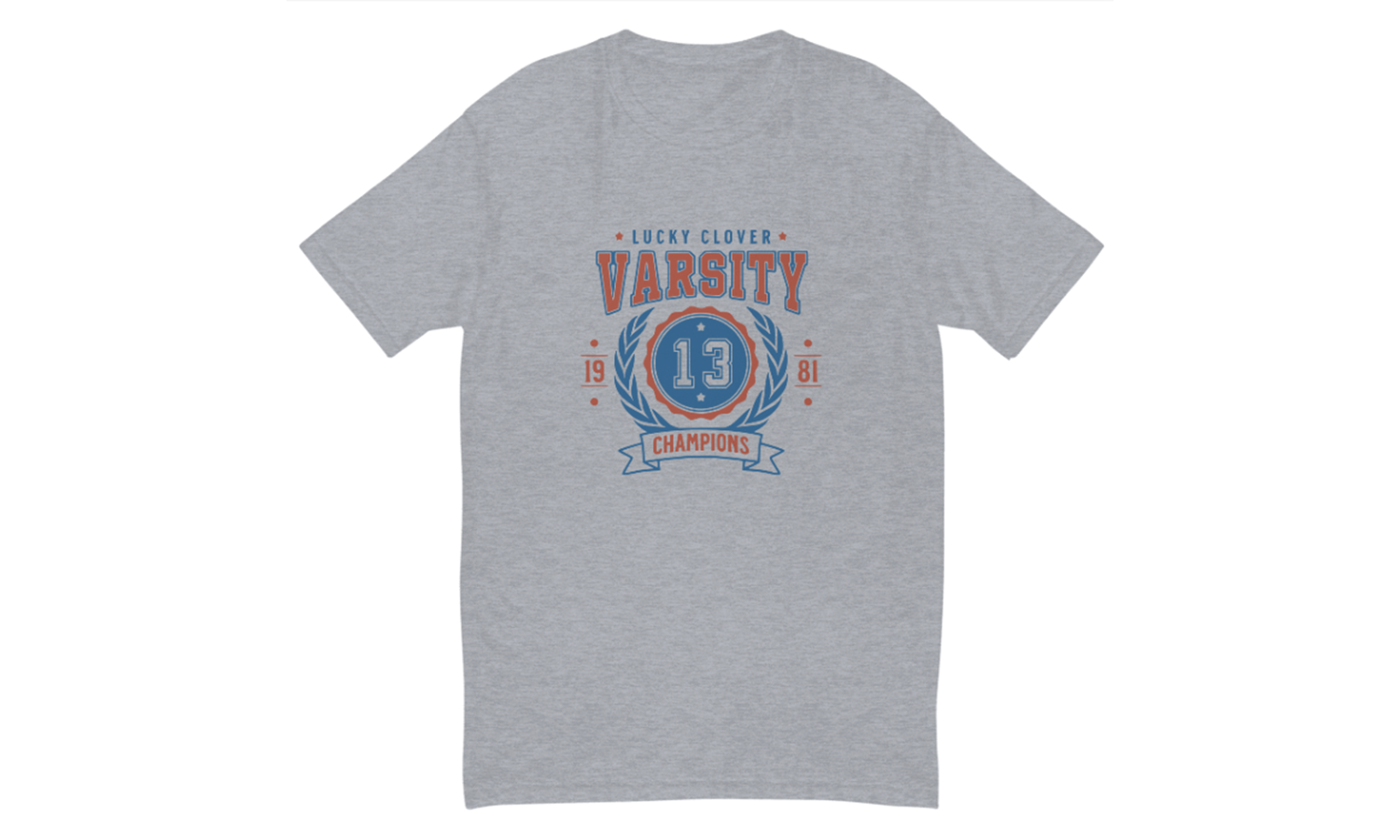 Gray t-shirt with 'Varsity Champions' design on a white background