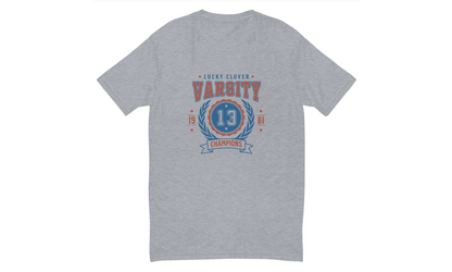 Gray t-shirt with 'Varsity Champions' design on a white background