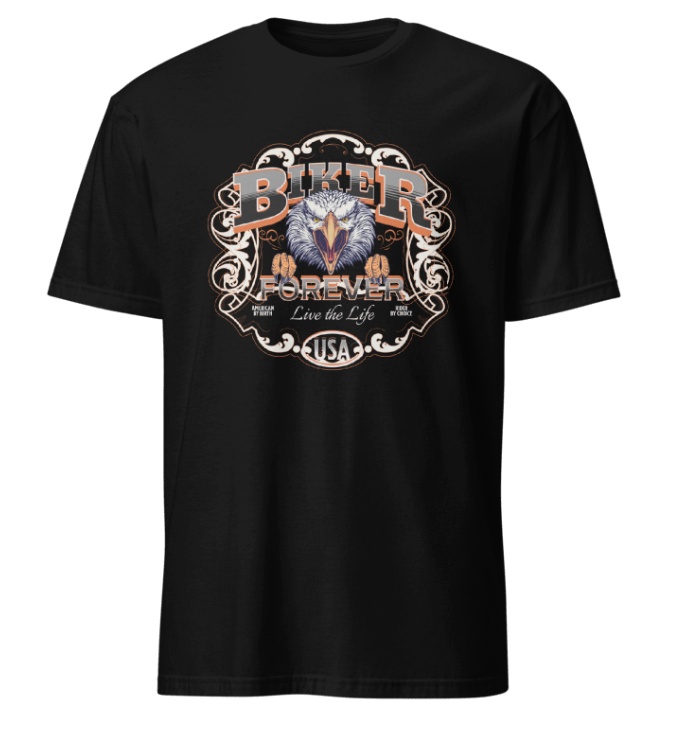 Black t-shirt with an eagle graphic and text on a white background