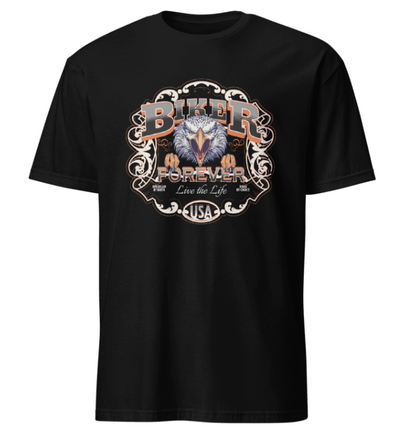 Black t-shirt with an eagle graphic and text on a white background