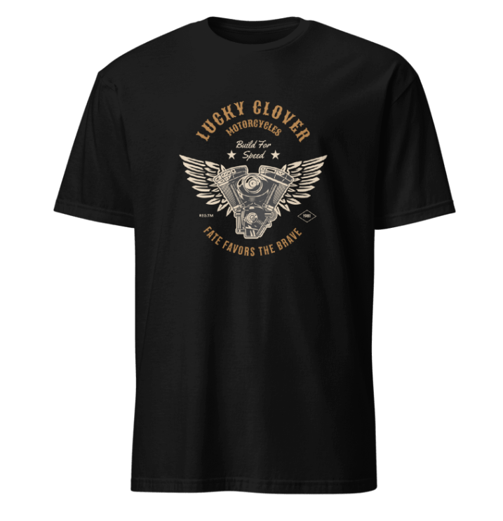 Black t-shirt with Lucky Clover Motorcycles graphic design on a white background