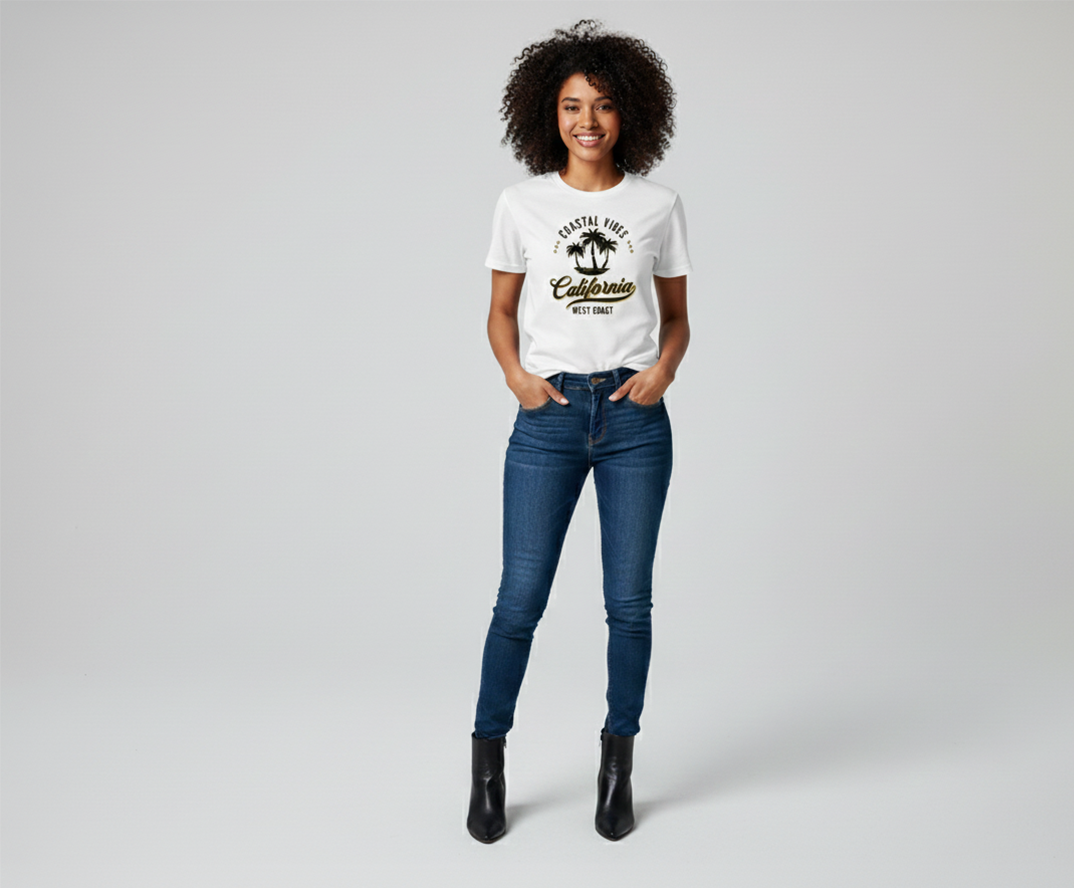 Woman wearing a white t-shirt and blue jeans on a plain background