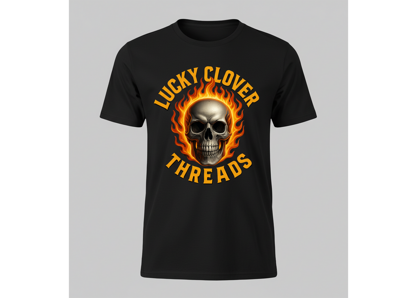 Black t-shirt with a skull design and 'Lucky Clover Threads' text on a gray background