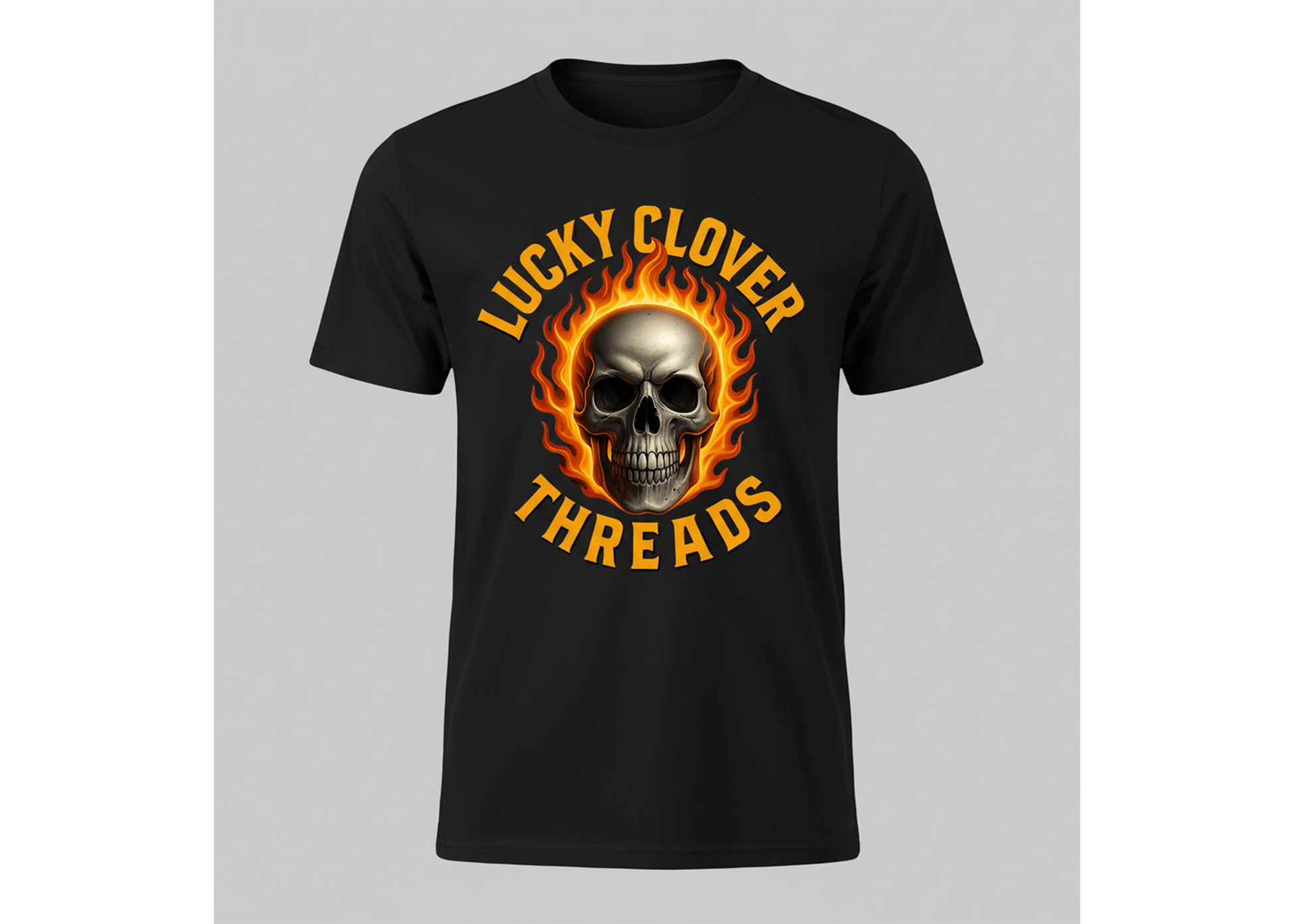 Black t-shirt with a skull design and 'Lucky Clover Threads' text on a gray background