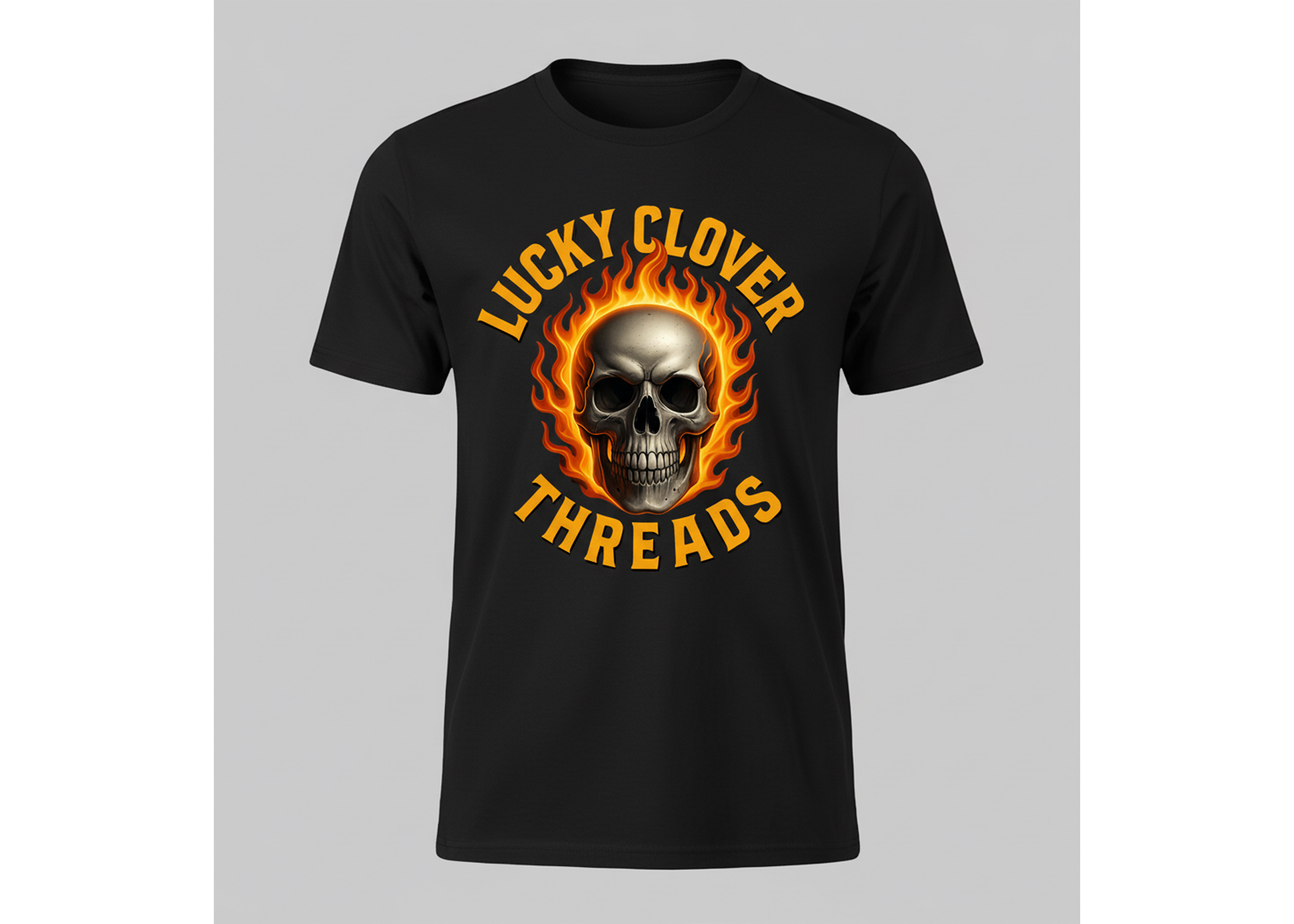 Black t-shirt with a skull design and 'Lucky Clover Threads' text on a gray background
