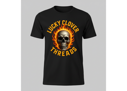 Black t-shirt with a skull design and 'Lucky Clover Threads' text on a gray background
