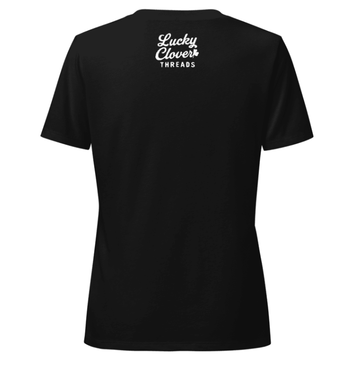 Black t-shirt with 'Lucky Clover Threads' logo on the back against a white background
