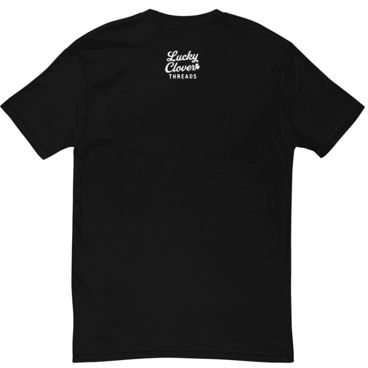 Black t-shirt with 'Lucky Clover Threads' logo on the back against a white background