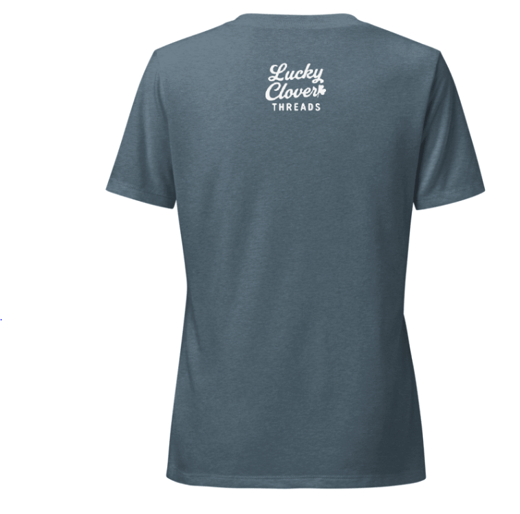 Blue t-shirt with 'Lucky Clover Threads' logo on the back against a white background