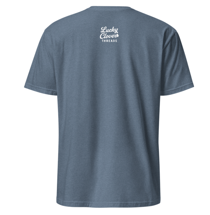 Blue t-shirt with 'Lucky Clover Threads' logo on the back against a white background
