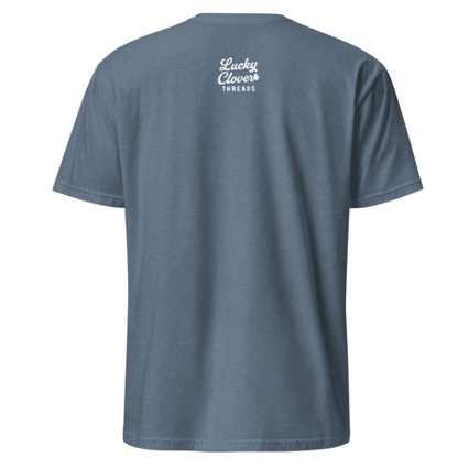 Blue t-shirt with 'Lucky Clover Threads' logo on the back against a white background
